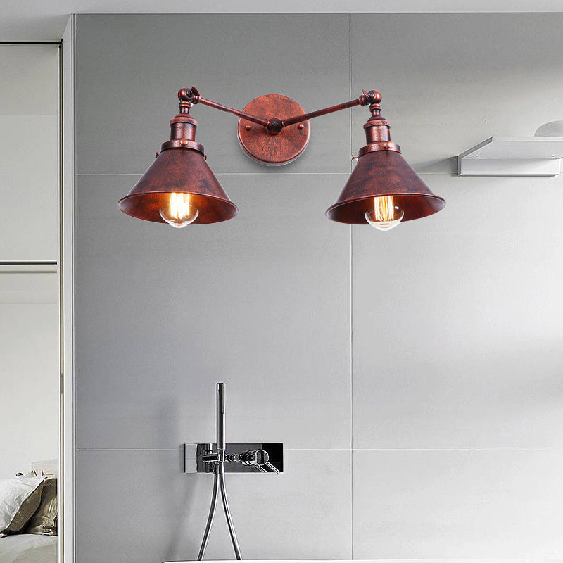 Tapered Shade Iron Wall Mount Fixture Industrial Vintage 2 Heads Farmhouse Wall Mount Light in Black/Brass