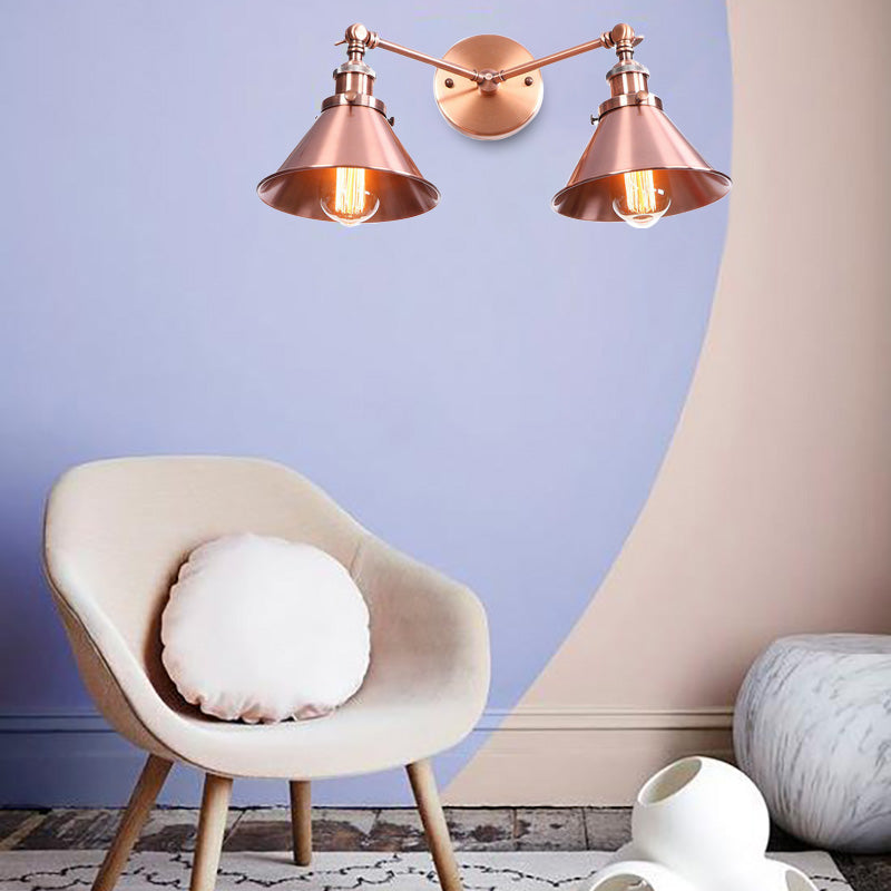 Tapered Shade Iron Wall Mount Fixture Industrial Vintage 2 Heads Farmhouse Wall Mount Light in Black/Brass