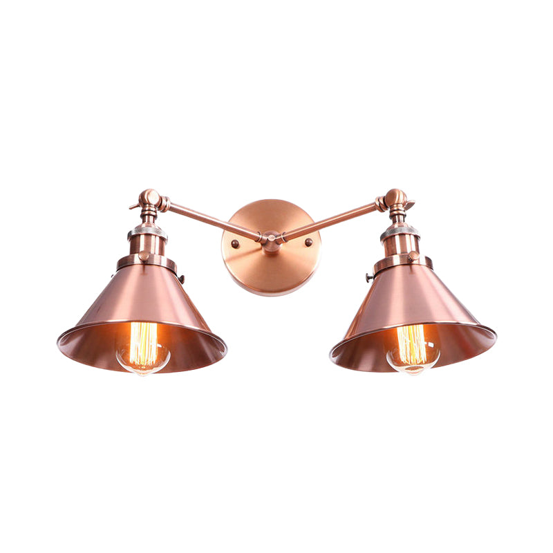 Tapered Shade Iron Wall Mount Fixture Industrial Vintage 2 Heads Farmhouse Wall Mount Light in Black/Brass