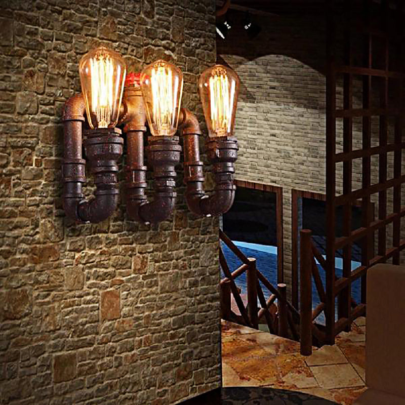 3 Lights Iron Wall Lamp Vintage Style Rust Water Pipe Stairway Wall Sconce Light with Exposed Bulb