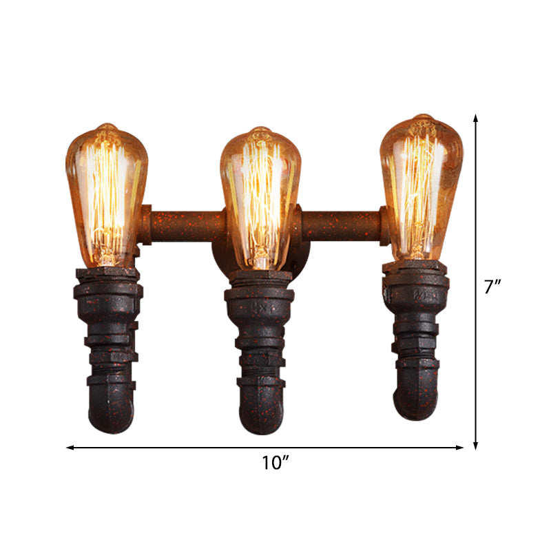 3 Lights Iron Wall Lamp Vintage Style Rust Water Pipe Stairway Wall Sconce Light with Exposed Bulb