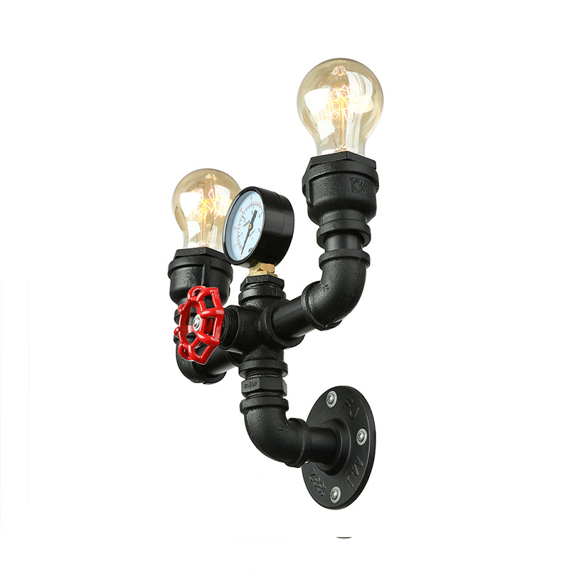 2/3 Lights Wall Mount Light with Pipe and Gauge Metal Steampunk Restaurant Wall Lighting in Black