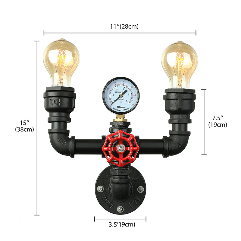 2/3 Lights Wall Mount Light with Pipe and Gauge Metal Steampunk Restaurant Wall Lighting in Black