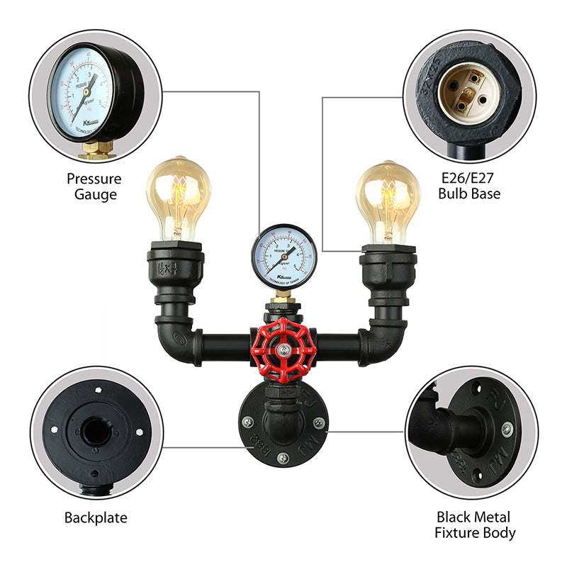 2/3 Lights Wall Mount Light with Pipe and Gauge Metal Steampunk Restaurant Wall Lighting in Black