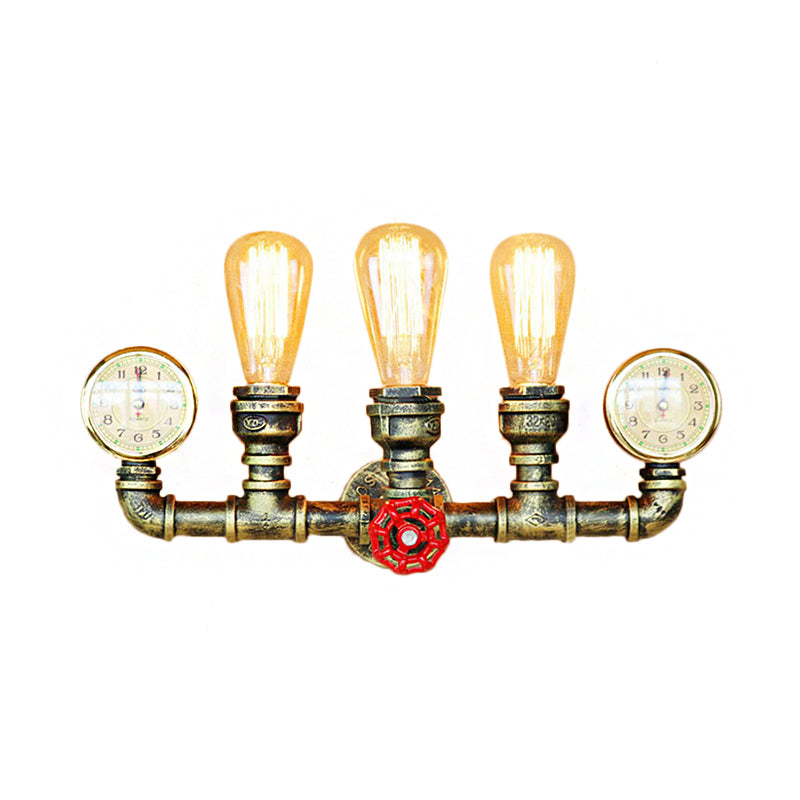 3 Lights Pipe Wall Lighting with Gauge and Valve Decoration Rustic Stylish Antique Brass Metal Wall Mount Light