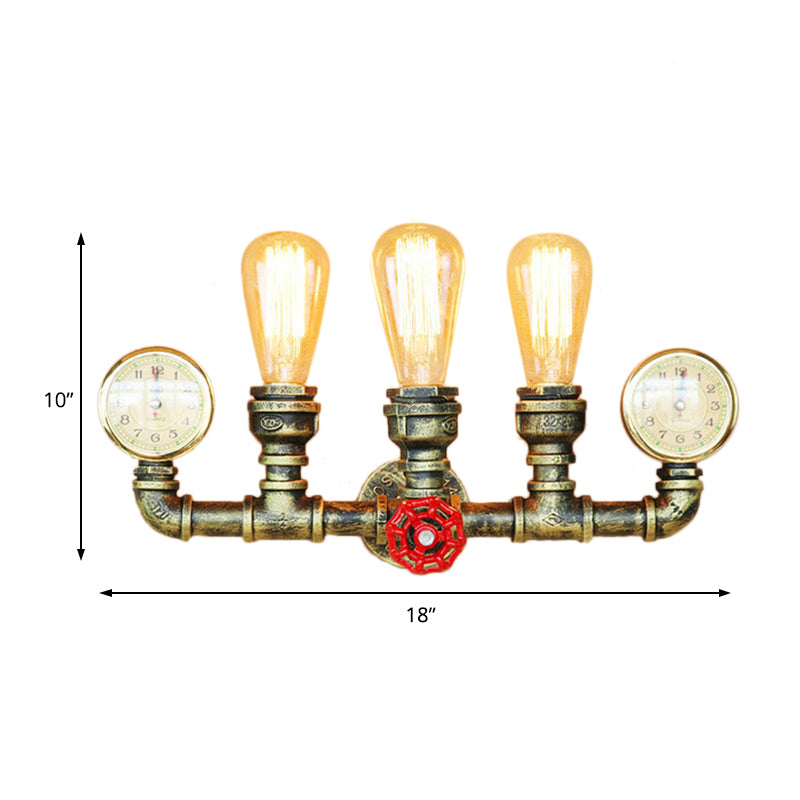 3 Lights Pipe Wall Lighting with Gauge and Valve Decoration Rustic Stylish Antique Brass Metal Wall Mount Light