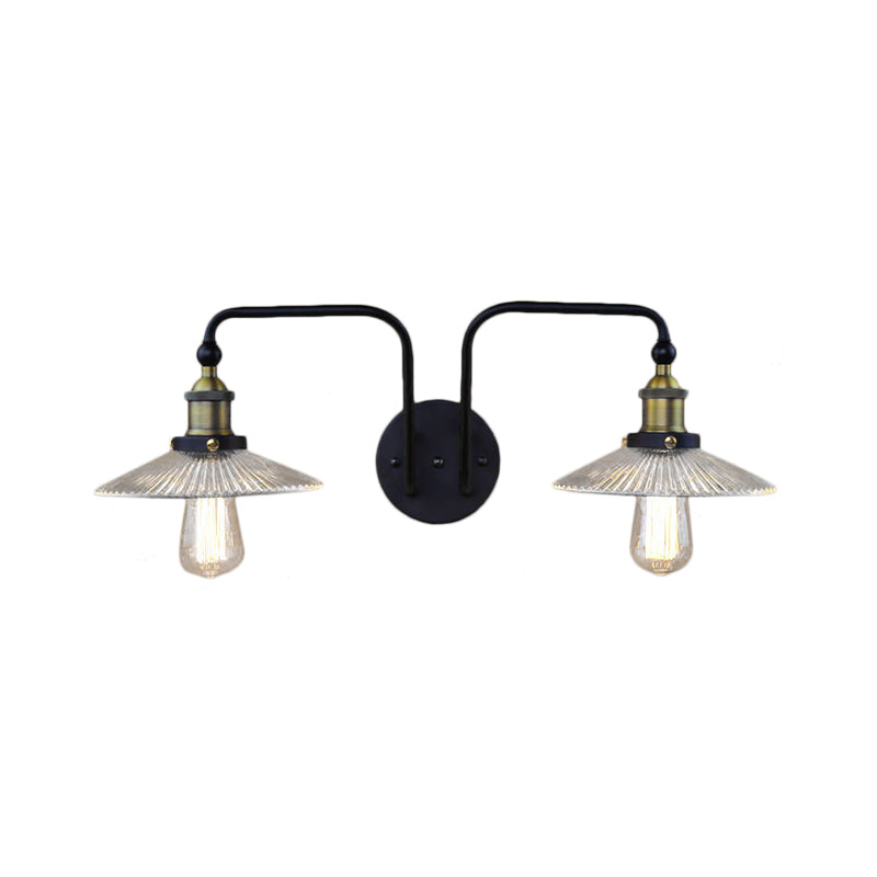 Kegel Wohnzimmer Wandleuchte Industrial Rippenglas 2 Licht schwarze Leuchte für Schlafzimmer