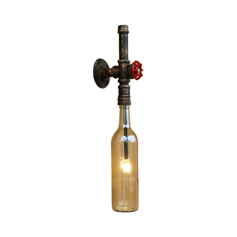 Glass Wine Bottle Wall Lighting Rustic Industrial 1 Light Restaurant Blue/Clear Wall Sconce Light with Red Valve