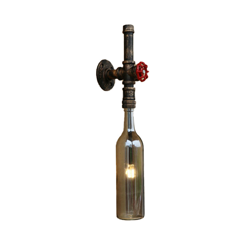 Glass Wine Bottle Wall Lighting Rustic Industrial 1 Light Restaurant Blue/Clear Wall Sconce Light with Red Valve