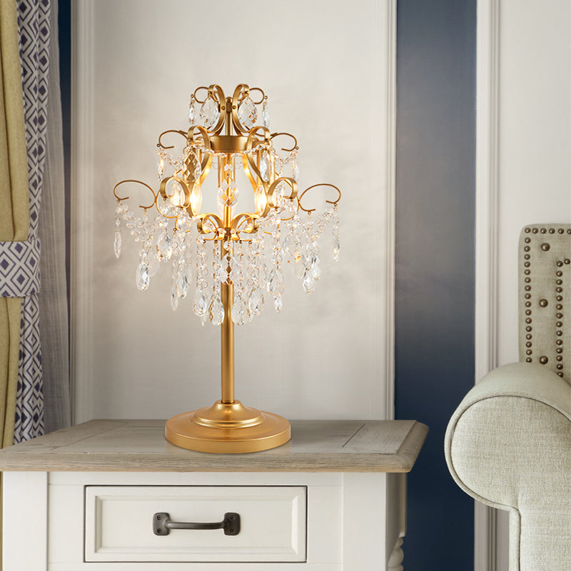 Lampada da tavolo in cristallo sfaccettato a cascata in stile moderno con 2 lampadine, lampada da notte in ottone per salotto