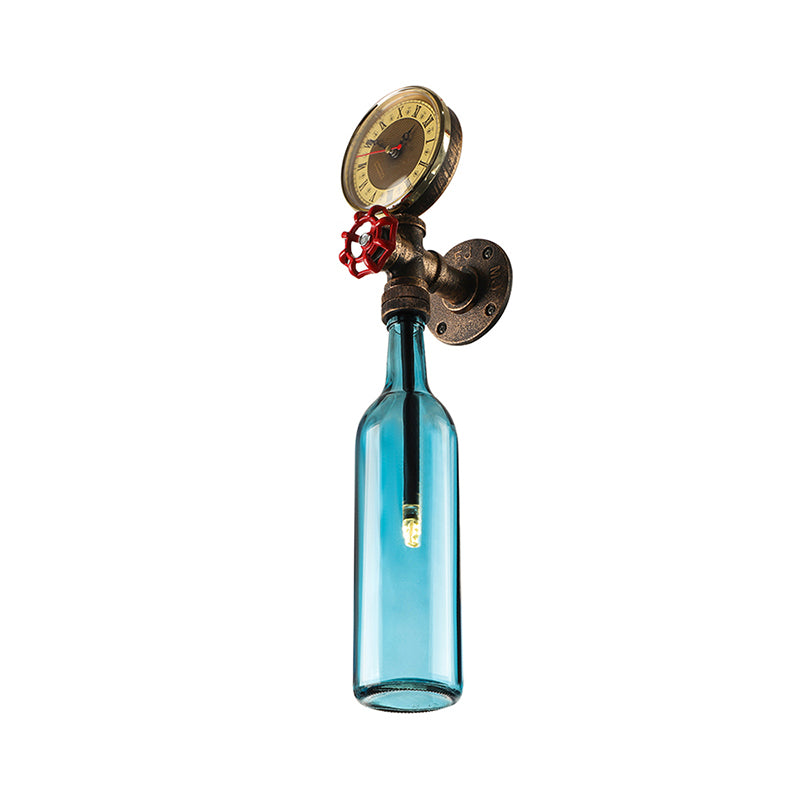 Brown/Blue Bottle Wall Sconce Lamp Vintage Stylish Glass 1 Bulb Living Room Wall Lighting with Gauge and Valve