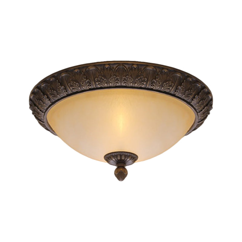 12.5"/15" Wide LED Flush Lamp Vintage Semi-Ball Amber Glass Ceiling Fixture in Brass for Balcony