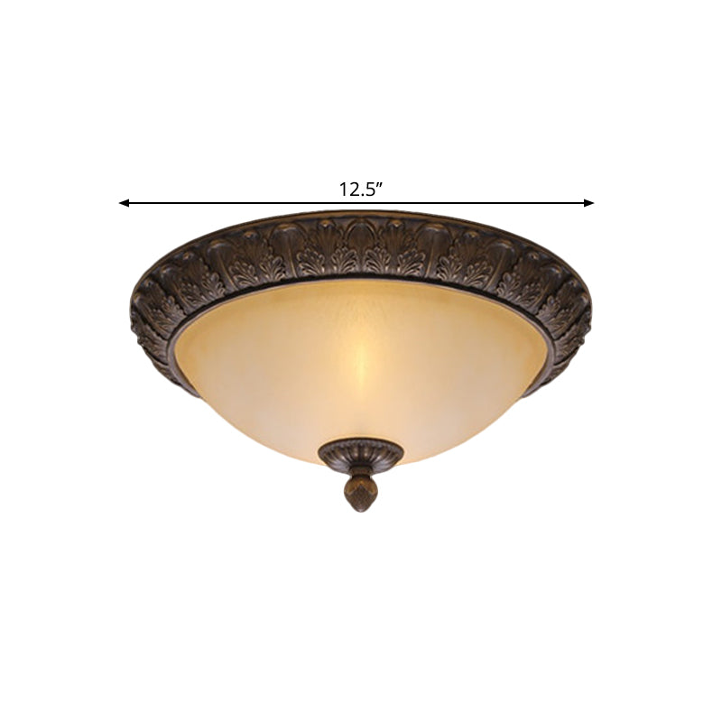 12.5"/15" Wide LED Flush Lamp Vintage Semi-Ball Amber Glass Ceiling Fixture in Brass for Balcony