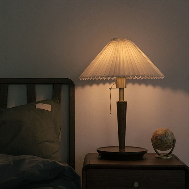 Fabric Fluted Cone Table Light Vintage Single Head Bedroom Reading Lamp with Wooden Base and Pull Chain in Dark Wood
