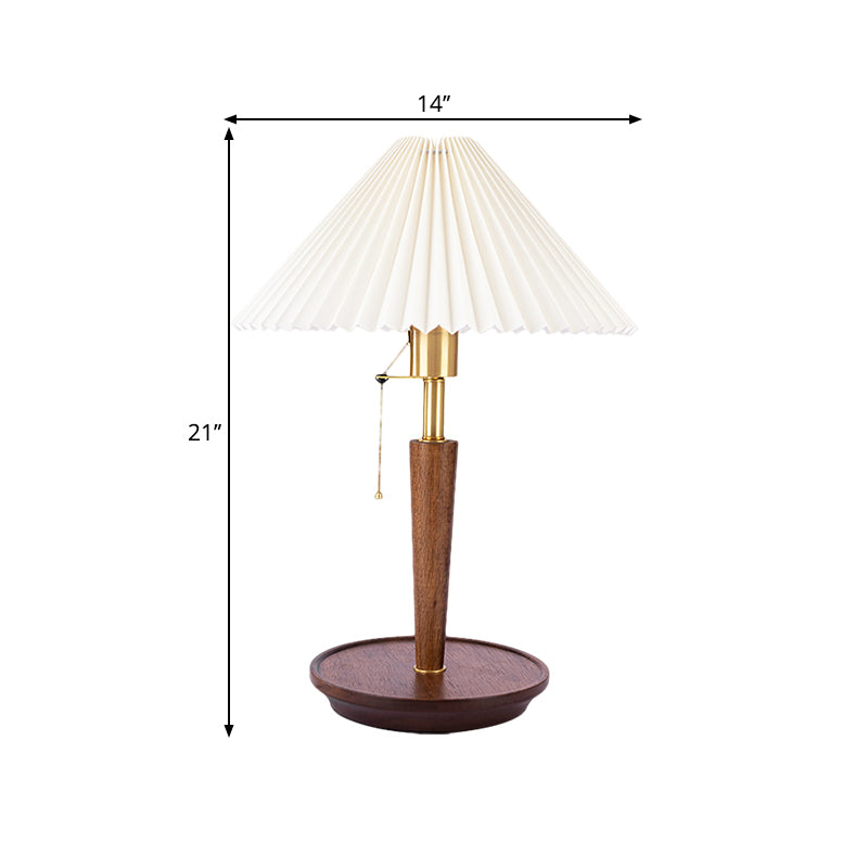 Fabric Fluted Cone Table Light Vintage Single Head Bedroom Reading Lamp with Wooden Base and Pull Chain in Dark Wood