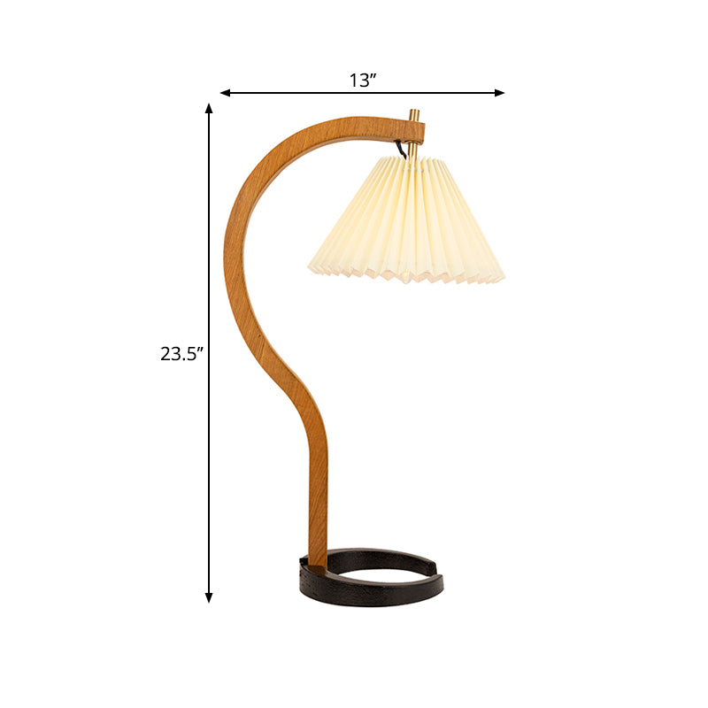 Lampada da scrivania conica a costine in stile retrò Illuminazione da comodino in tessuto a luce singola con braccio curvo in legno