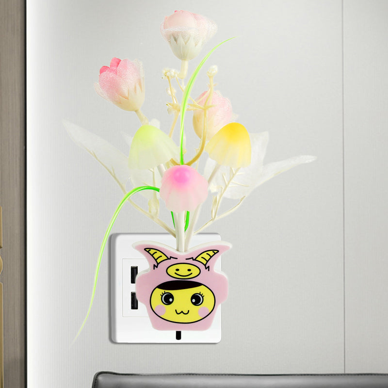 Plastic Blooming Flower Wall Nightlight Contemporary Yellow/Pink/Peach LED Night Lighting with Plug