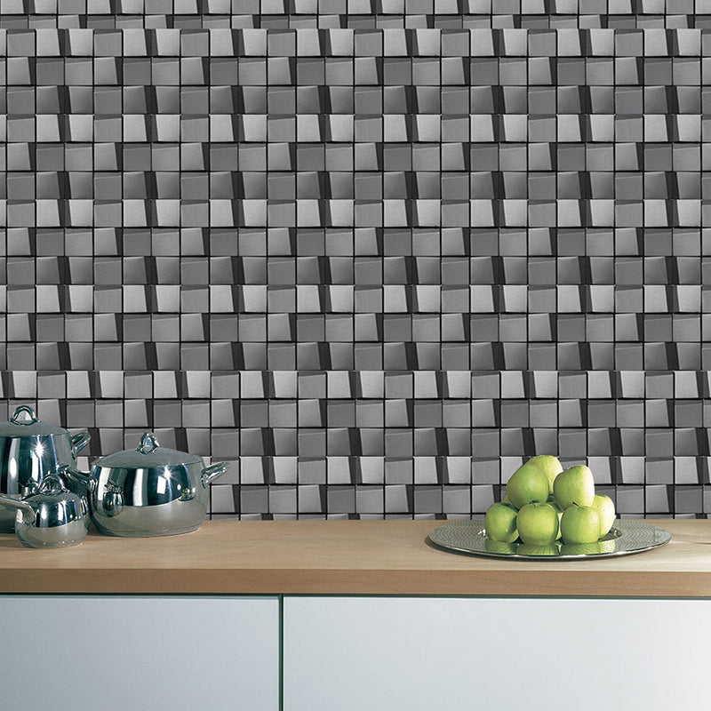 3D Cube Look Wallpaper Panels Modern Smooth Adhesive Wall Decor in Grey for Kitchen