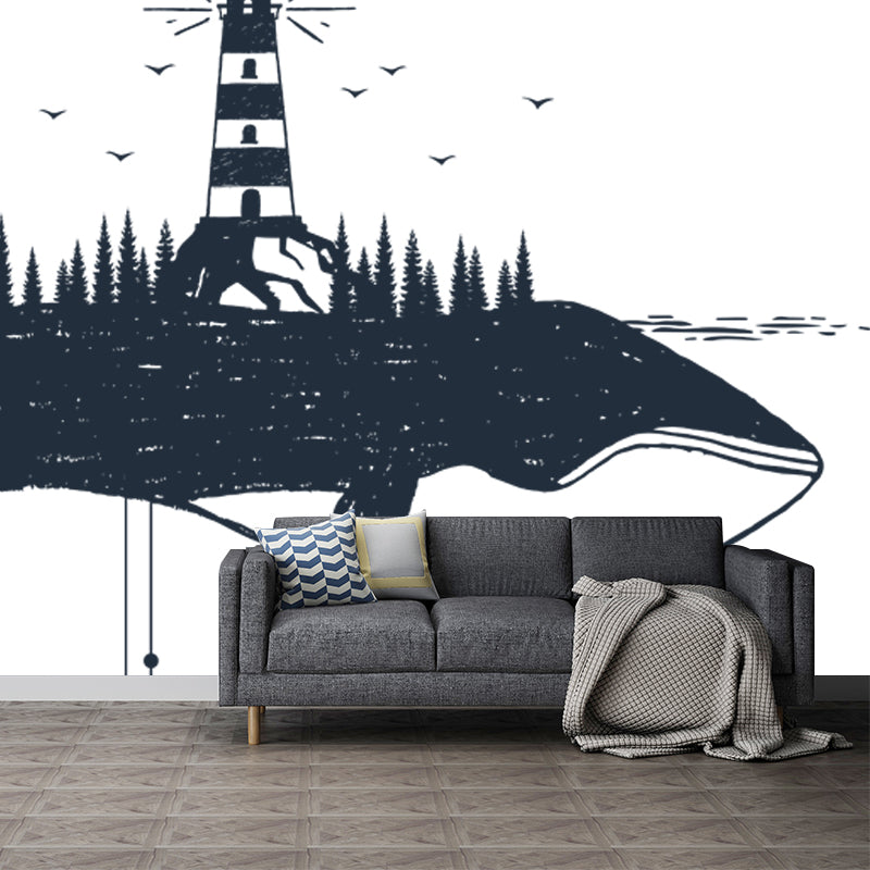 Black-White Modern Wall Mural Full-Size Tower on Whale Wall Covering for Accent Wall