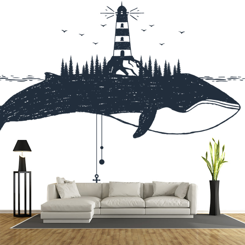 Black-White Modern Wall Mural Full-Size Tower on Whale Wall Covering for Accent Wall