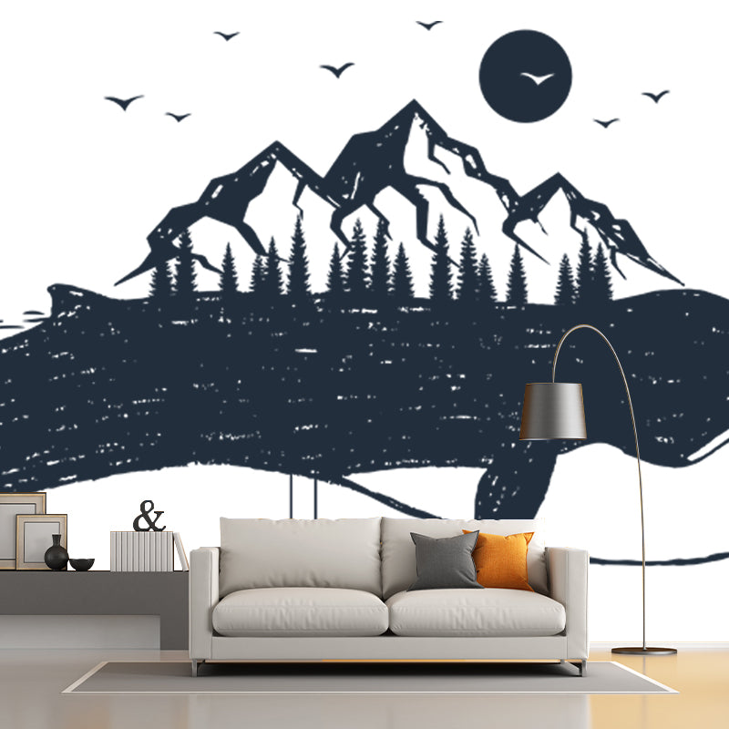 Mountain on the Whale Mural Black and White Modern Art Wall Covering for Bedroom