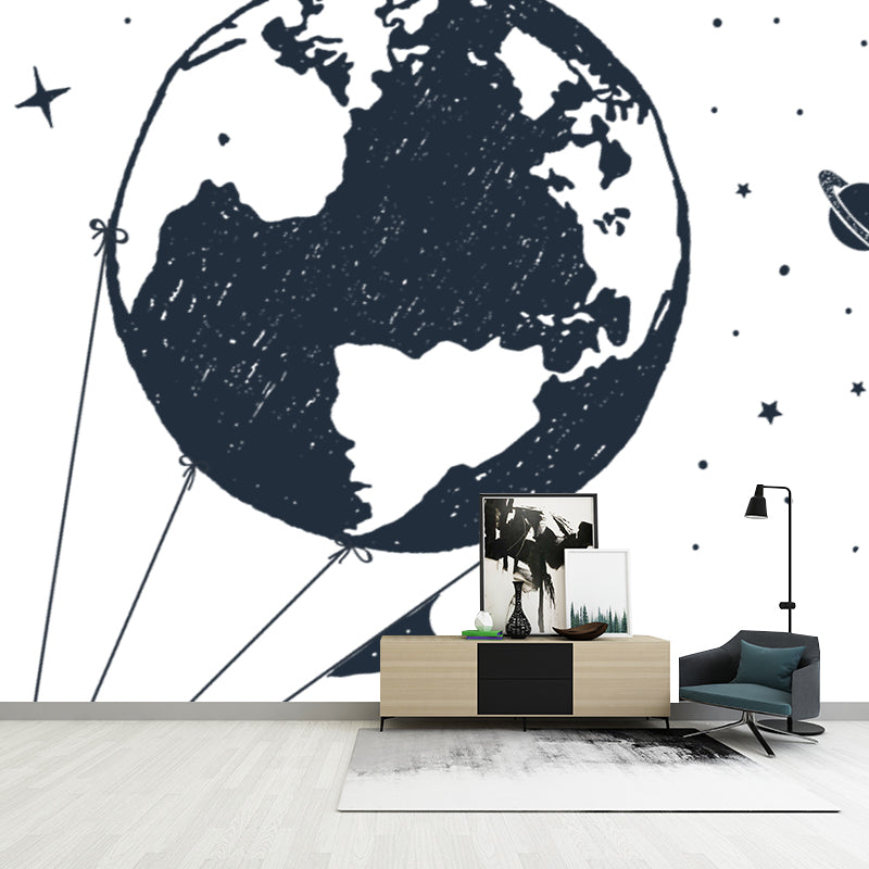 Space Globe Balloon Mural Wallpaper Modern Style Smooth Wall Art in Black and White
