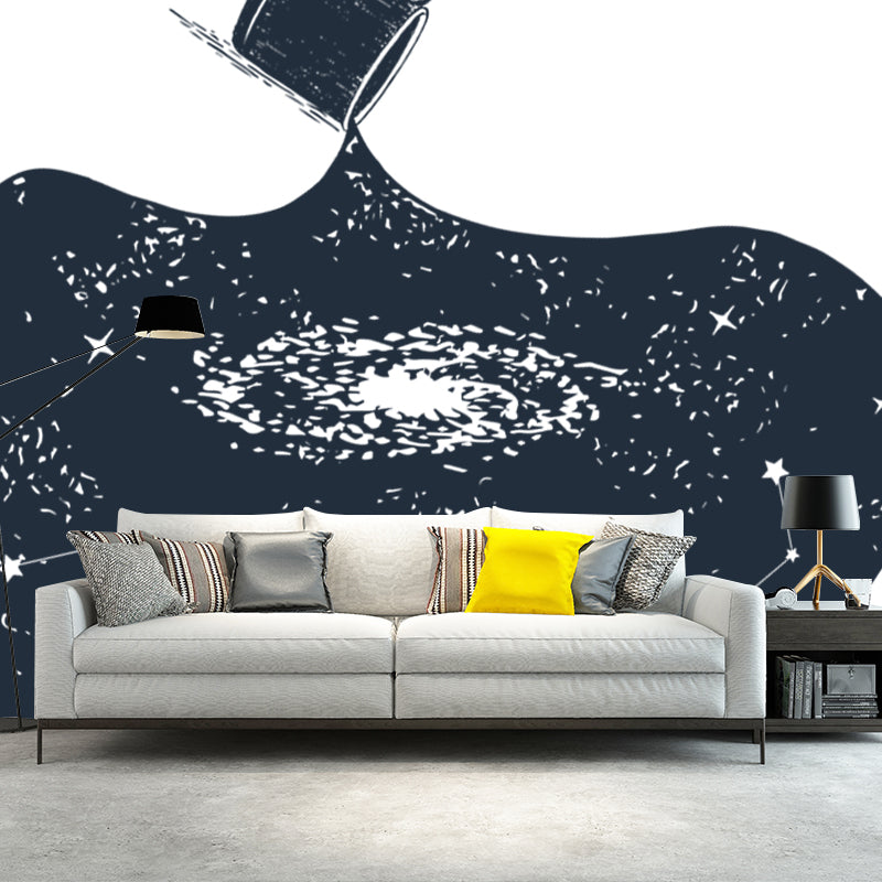 Novelty Pouring Water Wall Mural Black-White Astronomy Wall Covering for Living Room