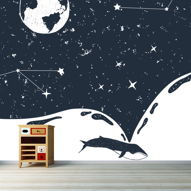 Custom Illustration Modern Mural with the Earth and Constellation Pattern in Black-White