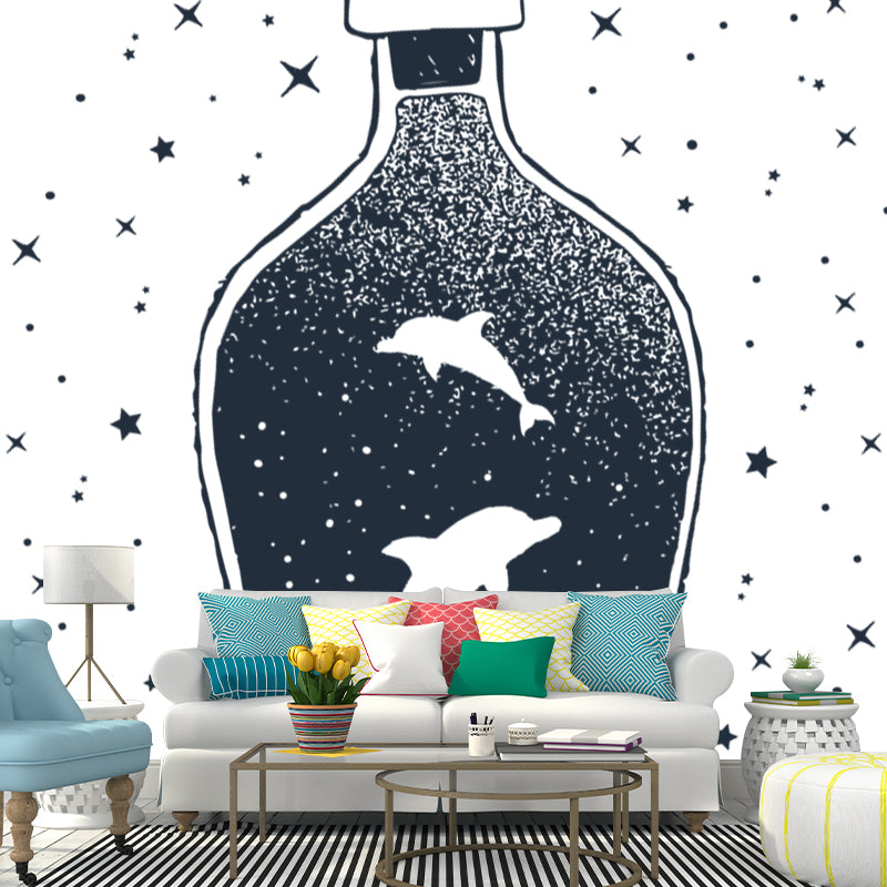 Whole Constellation Wallpaper Mural for Home Whale Inside Bottle Wall Art in Black-White, Washable