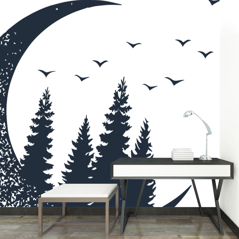 Creative Crescent and Forest Mural for Girls Bedroom, Black-White, Made to Measure
