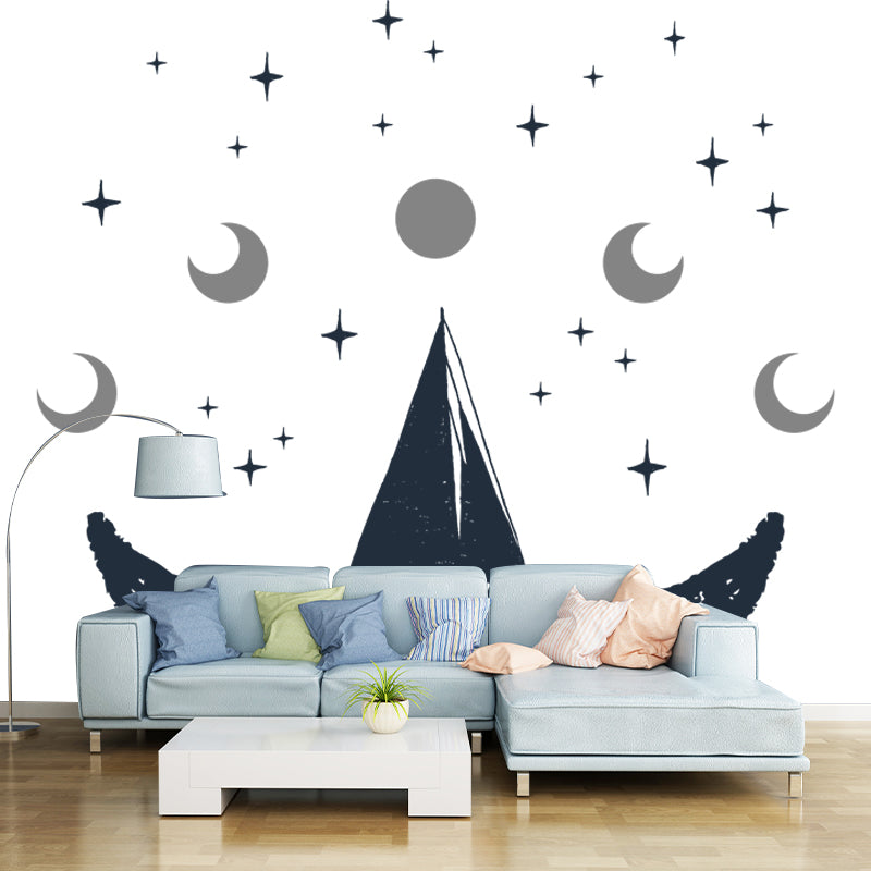 Custom Illustration Novelty Mural with Moon and Whale Tail Pattern in Black-White