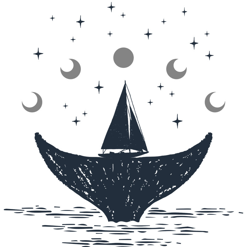 Custom Illustration Novelty Mural with Moon and Whale Tail Pattern in Black-White