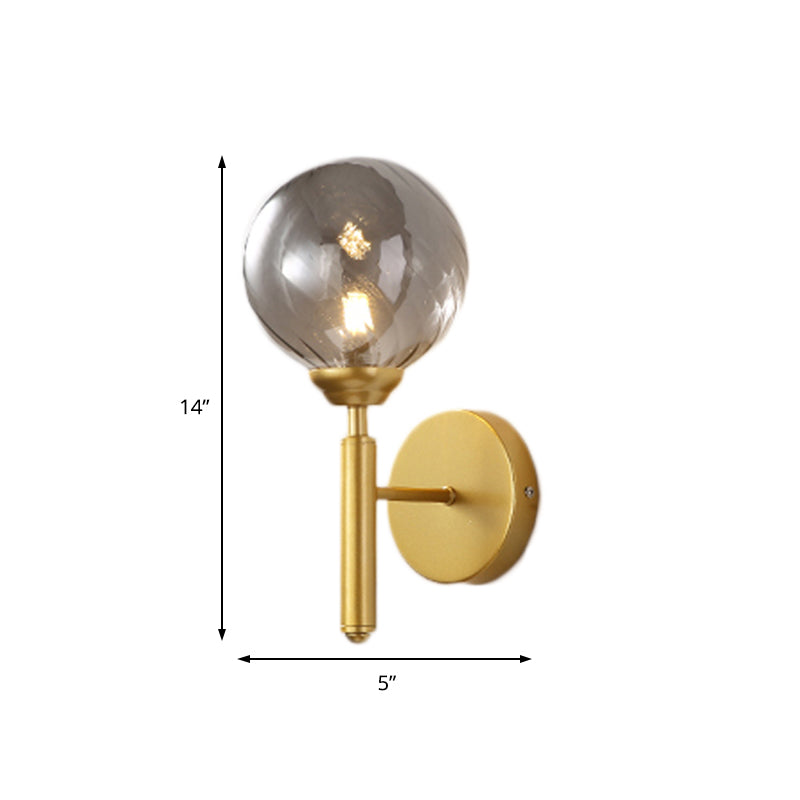 1 Bulb Globe Wall Mounted Light Fixture Modern Brass Smoked Textured Glass Lighting
