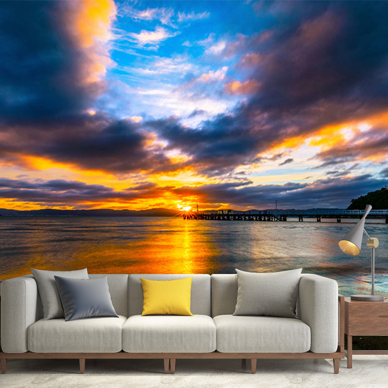 Modern Sea Evening Glow Mural Decal Blue-Yellow Waterproofing Wall Decor for Bedroom