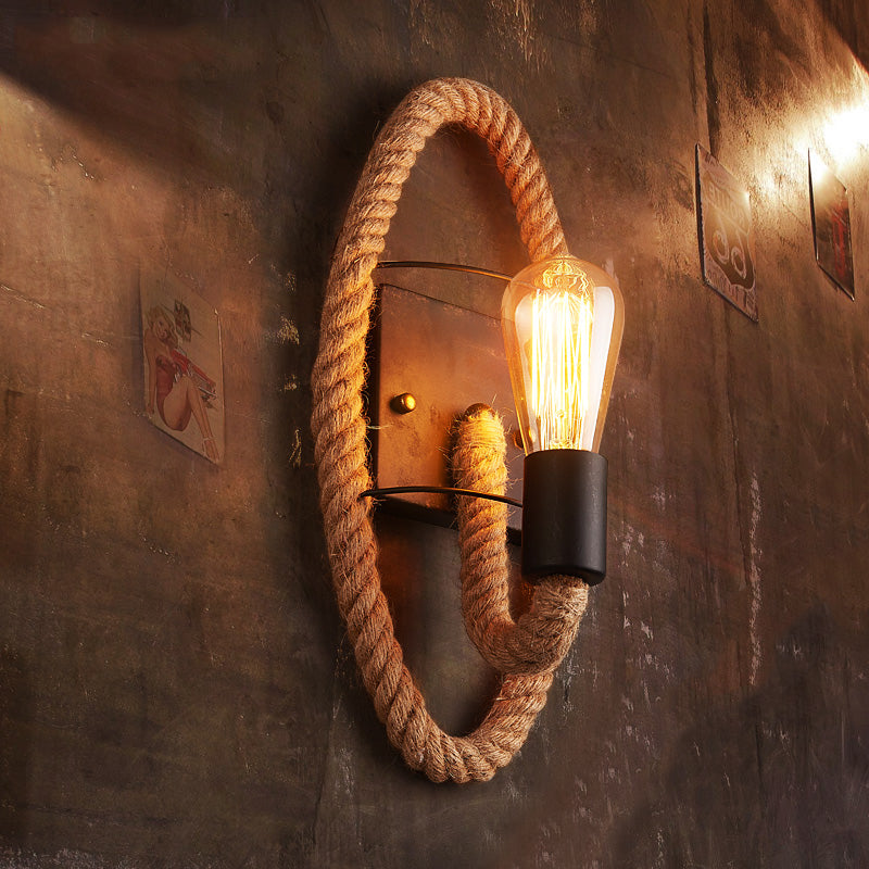 Roped Round/Oval Wall Light with Bare Bulb Nautical Style 1 Light Restaurant Wall Sconce Lighting in Black