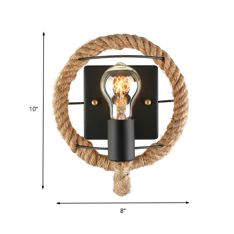 Roped Round/Oval Wall Light with Bare Bulb Nautical Style 1 Light Restaurant Wall Sconce Lighting in Black