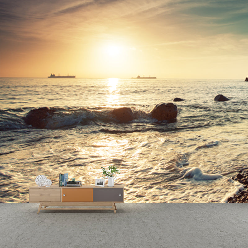 Photography Dusk Seascapes Wall Mural for Accent Wall, Blue-Brown, Custom Printed