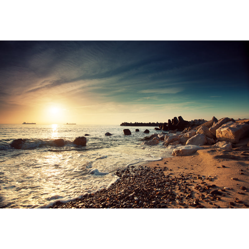 Photography Dusk Seascapes Wall Mural for Accent Wall, Blue-Brown, Custom Printed