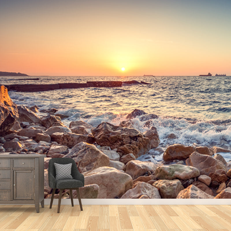 Tropic Ocean Rocky Bay Mural Wallpaper Blue Sunset Scenery Wall Art, Customization