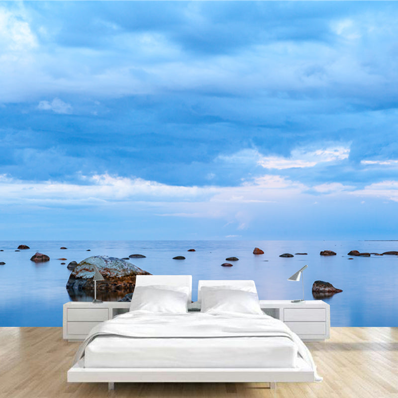 Tidal Flat with Rocks Mural Wallpaper Blue Tropical Wall Covering for Living Room
