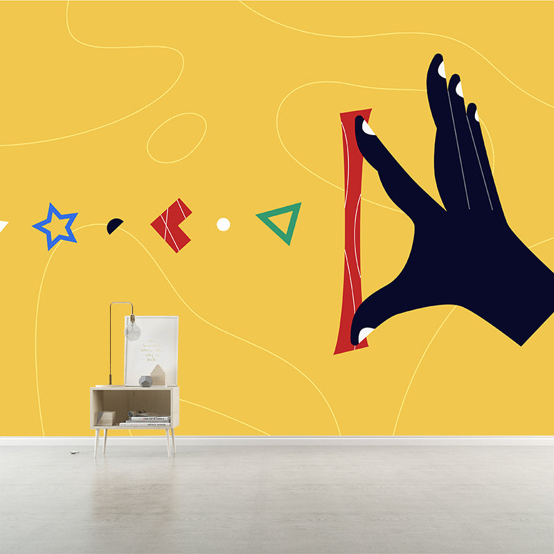 Art Deco Hand Wall Mural in Black on Yellow Moisture Resistant Wall Covering for Accent Wall