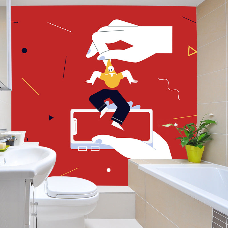 Artistic Puppet Play Mural Decal Non-Woven Waterproof Red Wall Covering for Bedroom