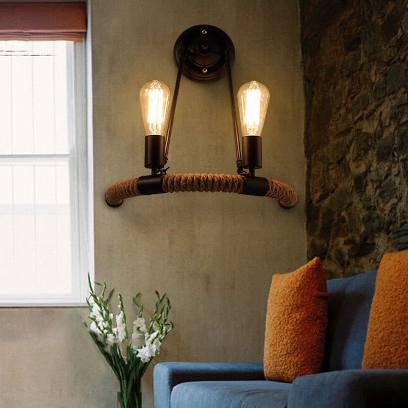 Roped Half-Ring Wall Lighting Vintage Style 2 Lights Living Room Wall Lamp with Bare Bulb in Black