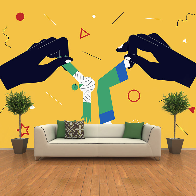 Yellow Modern Wallpaper Mural Big Hand Manipulated Puppet Wall Art for Living Room