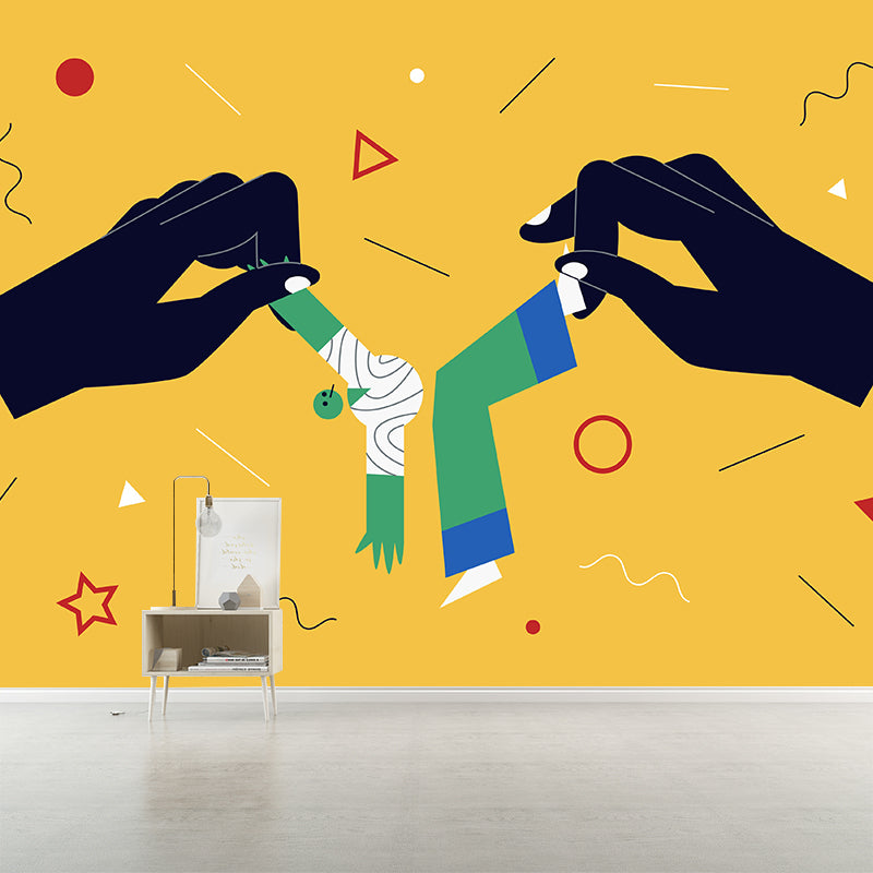 Yellow Modern Wallpaper Mural Big Hand Manipulated Puppet Wall Art for Living Room