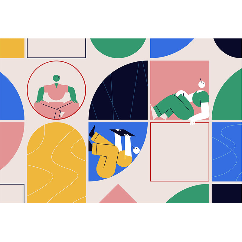 Illustration Man of Leisure Mural for Bedroom, Pink-Blue-Yellow, Custom Size Available