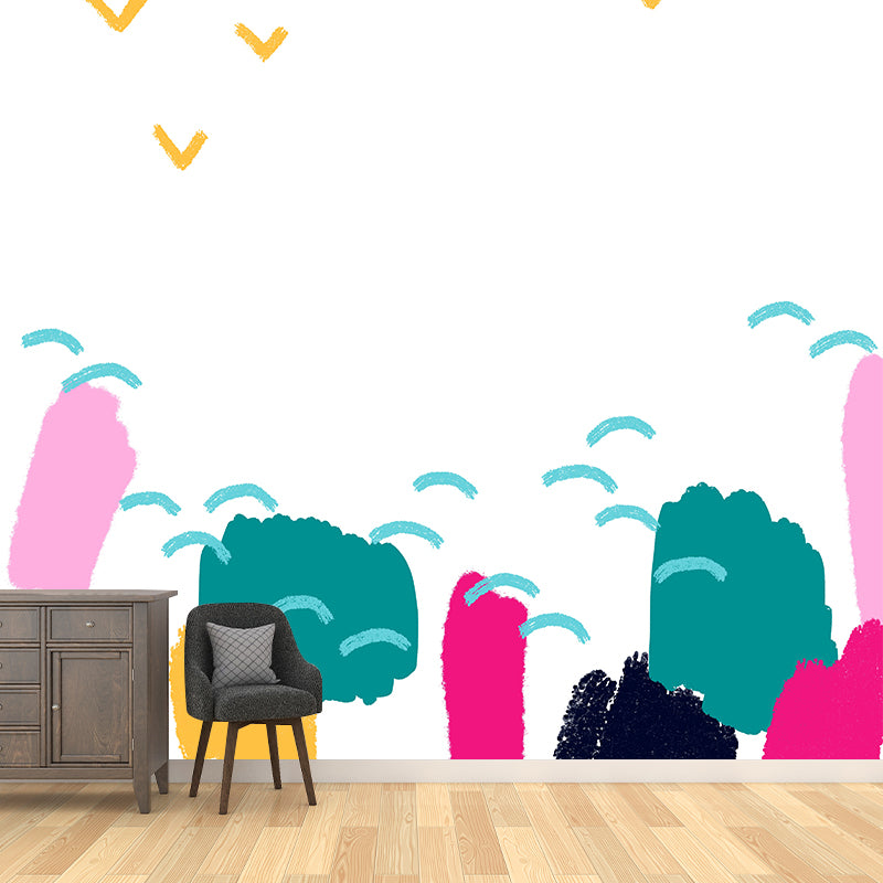 Large Childrens Art Wallpaper Mural Green Forest and Gull Painting Wall Decor, Custom Print