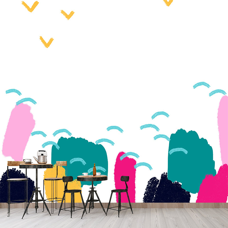 Large Childrens Art Wallpaper Mural Green Forest and Gull Painting Wall Decor, Custom Print