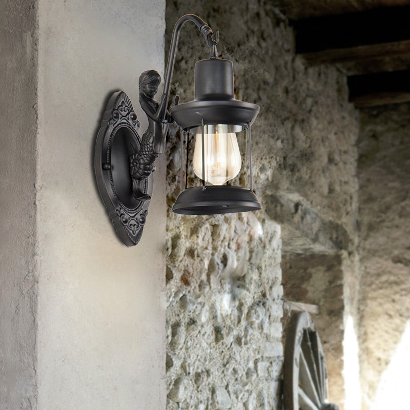1 application murale en verre clair clair Light Industrial Black Lantern Éclairage d'extérieur avec décoration sirène avec décoration