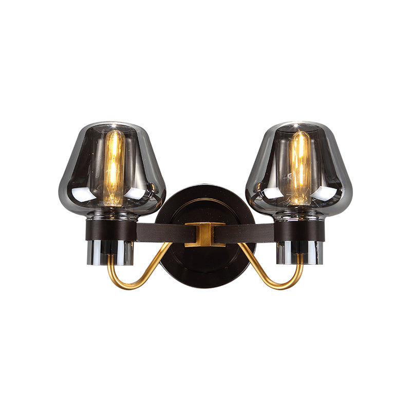 2-Bulb Wall Light with Mushroom Shade Smoked Glass Modern Bedroom Sconce Lighting Fixture